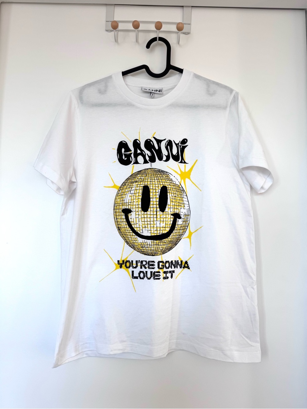 Ganni Women’s White Tee with Yellow Disco Smiley Graphic
